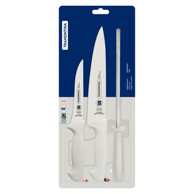Premium Stainless Steel Knife Set With White Polypropylene Handles And Honing Rod 3 Piece
