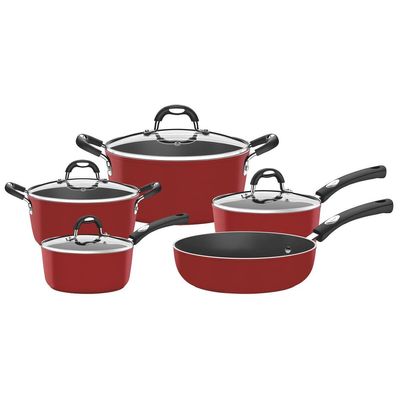 Mônaco Induction 5-Piece Aluminum Cookware Set With Interior Starflon Premium Nonstick Coating And Exterior Red Silicone Coating