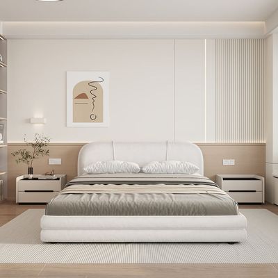 Maple Home Off-White Velvet Bed Frame with Curved Headboard, Luxury Bed for Modern Bedroom(Queen Size 160*200cm) - 6 Months Warranty