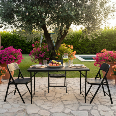 4FT Rattan Rectangular Folding Table (Black) – 120×60×74 cm