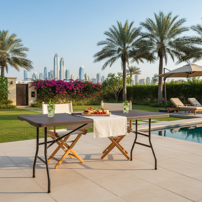 6FT Rattan Rectangular Folding Table (Black) – 180×74×74 cm