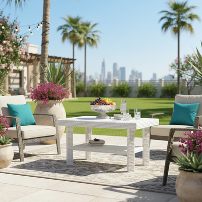 Doublex Rectangular Rattan Table (White) – 85×55×45 cm