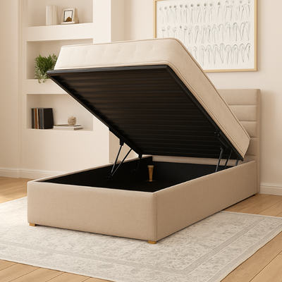 Switzer Upholstered Bed with Hydraulic Storage L190xW140xH40 Beige with 1 Year Warranty