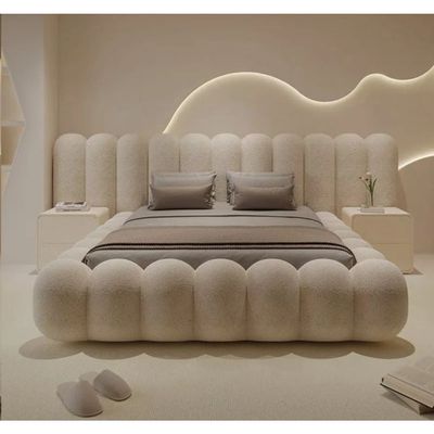 Modern Boucle Upholstered Cloud Bed – Curved Padded Headboard – Beige Plush Bedroom Furniture – King Size 180×200