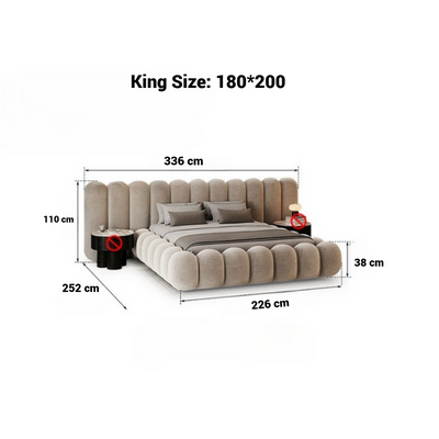 Modern Boucle Upholstered Cloud Bed – Curved Padded Headboard – Beige Plush Bedroom Furniture – King Size 180×200