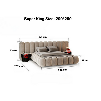 Modern Boucle Upholstered Cloud Bed – Curved Padded Headboard – Beige Plush Bedroom Furniture – Super King Bed 200×200