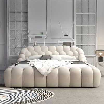 Modern Cloud Tufted Upholstered Bed – Curved Bubble Design – Beige Velvet – Luxury Contemporary Bedroom Furniture – Super King  Size Bed 200 × 200