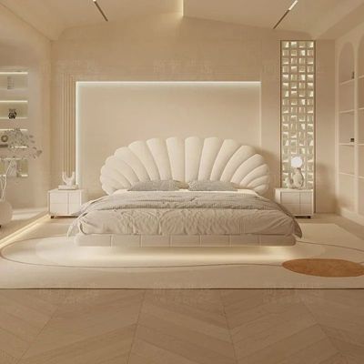 Modern Shell-Style Floating Bed with LED Lighting – Beige Velvet Upholstered Frame – Elegant Curved Headboard – Luxury Contemporary Bedroom Furniture – Super King  Size Bed 200 × 200
