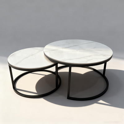2-Piece Nesting Coffee Table Set, White Marble Pattern Coffee Tables, Space-Saving Modern Center Table for Living Room