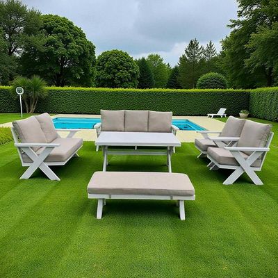 9-Seater Cross Legs White Aluminium Garden Sofa with Big Table