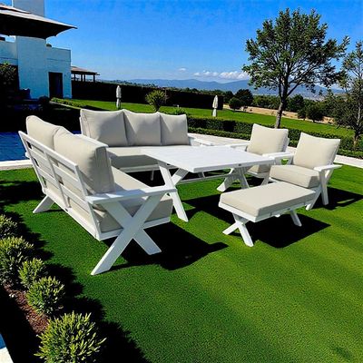 9-Seater Cross Legs White Aluminium Garden Sofa with Big Table