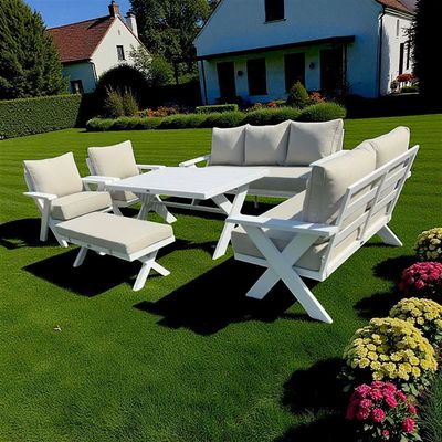 9-Seater Cross Legs White Aluminium Garden Sofa with Big Table