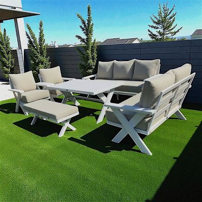 9-Seater Cross Legs White Aluminium Garden Sofa with Big Table