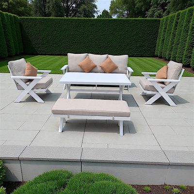 7-Seater Cross Legs White Aluminium Garden Sofa with Big Table