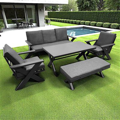 7-Seater Cross Legs Dark Grey Aluminium Garden Sofa with Big Table