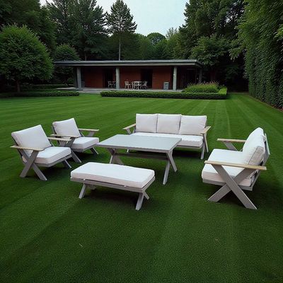9-Seater Cross Legs Light Grey Aluminium Garden Sofa with Big Table Wooden Color Arm Rests