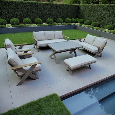 9-Seater Cross Legs Light Grey Aluminium Garden Sofa with Big Table Wooden Color Arm Rests
