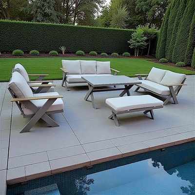 9-Seater Cross Legs Light Grey Aluminium Garden Sofa with Big Table Wooden Color Arm Rests