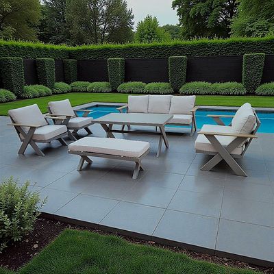 9-Seater Cross Legs Light Grey Aluminium Garden Sofa with Big Table Wooden Color Arm Rests
