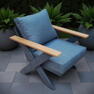 9-Seater Cross Legs Dark Grey Aluminium Garden Sofa with Big Table Wooden Color Arm Rests