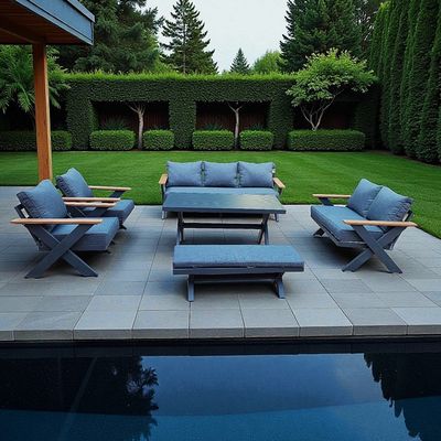 9-Seater Cross Legs Dark Grey Aluminium Garden Sofa with Big Table Wooden Color Arm Rests