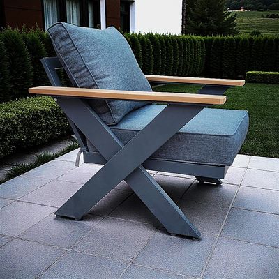 9-Seater Cross Legs Dark Grey Aluminium Garden Sofa with Big Table Wooden Color Arm Rests