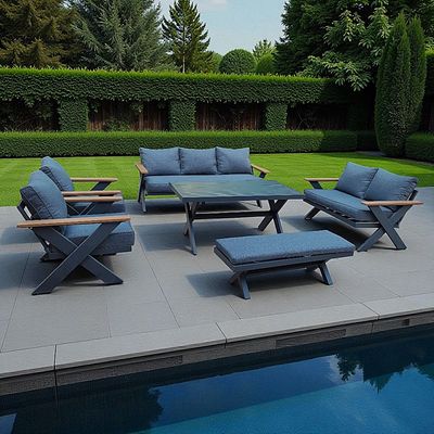 9-Seater Cross Legs Dark Grey Aluminium Garden Sofa with Big Table Wooden Color Arm Rests