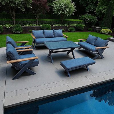 9-Seater Cross Legs Dark Grey Aluminium Garden Sofa with Big Table Wooden Color Arm Rests