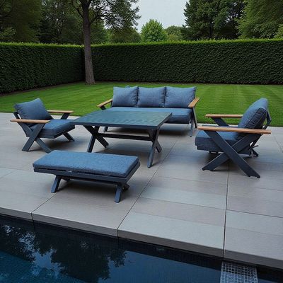 7-Seater Cross Legs Dark Grey Aluminium Garden Sofa with Big Table Wooden Color Arm Rests