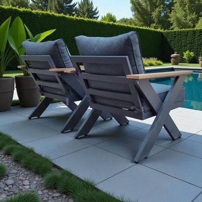 7-Seater Cross Legs Dark Grey Aluminium Garden Sofa with Big Table Wooden Color Arm Rests