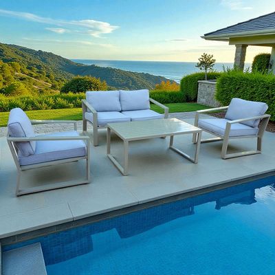 Modern Aluminium Outdoor Sofa Set – Sage Green Frame with Light Greyish Blue Cushions