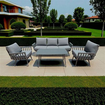 5-Seater Modern Curved Design Aluminium Outdoor Sofa Set – Dark Grey Frame with Soft Grey Cushions