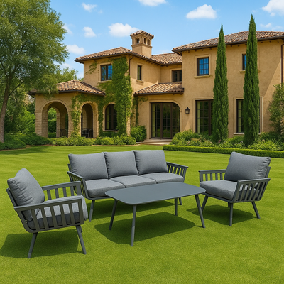 5-Seater Modern Curved Design Aluminium Outdoor Sofa Set – Dark Grey Frame with Soft Grey Cushions