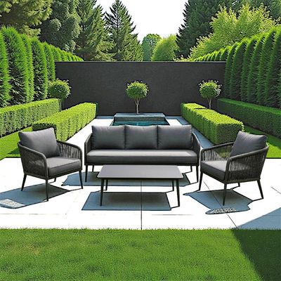 5-Seater Modern Rope Design Outdoor Sofa Set – Black Aluminium Frame with Grey Cushions