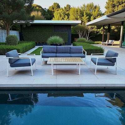 Modern 5-Seater Outdoor White Aluminium Sofa Set with Table – Dark Grey Cushions 