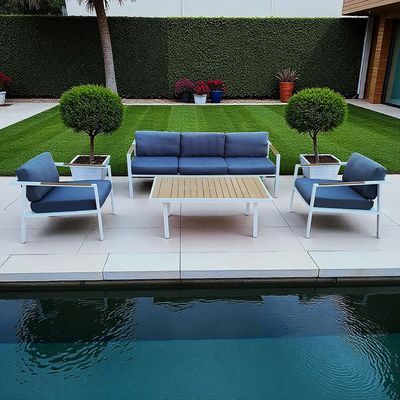 Modern 5-Seater Outdoor White Aluminium Sofa Set with Table – Dark Grey Cushions 