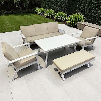 Premium 7-Seater White Outdoor Aluminium Sofa Set with Beige Cushions