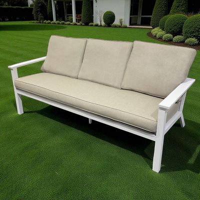 Premium 7-Seater White Outdoor Aluminium Sofa Set with Beige Cushions