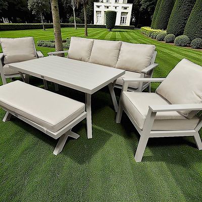 Premium 7-Seater Beige Outdoor Aluminium Sofa Set with Beige Cushions