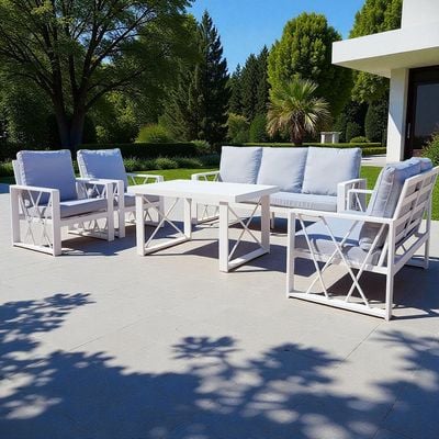 7 Seater Outdoor White Aluminium Sofa Set with Big Table – White Frame with Grey Cushions