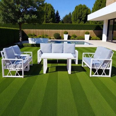 7 Seater Outdoor White Aluminium Sofa Set with Big Table – White Frame with Grey Cushions