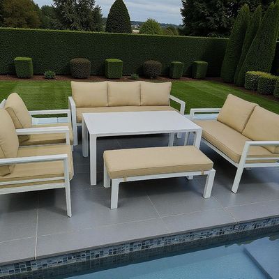 9-Seater Modern White Aluminium Outdoor Garden Sofa Set with Beige Cushions