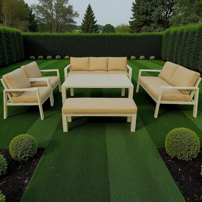 9-Seater Modern White Aluminium Outdoor Garden Sofa Set with Beige Cushions