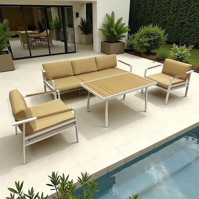 Modern Aluminium Outdoor Garden Sofa Set – White Frame with Beige Cushions