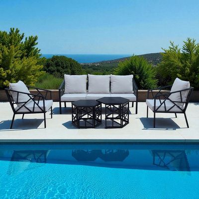 5-Seater Modern Outdoor Steel Sofa Set – Black Frame with Light Beige Cushions 