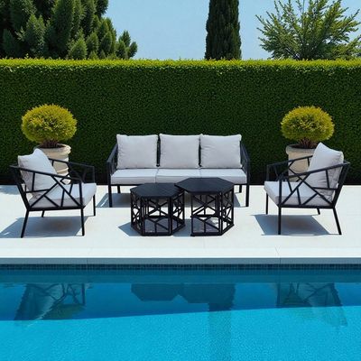 5-Seater Modern Outdoor Steel Sofa Set – Black Frame with Light Beige Cushions 