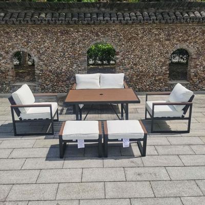 Modern Aluminium Outdoor Garden Set – Black Frame with Faux Teak Finish & White & Beige Cushions