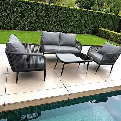 4-Seater Modern Rope Outdoor Sofa Set – Black Aluminium Frame with Grey Cushions