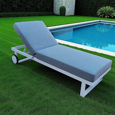 Modern White Aluminium Outdoor Sun Lounger with Wheels – Light Grey Cushions , 2x Sunbeds