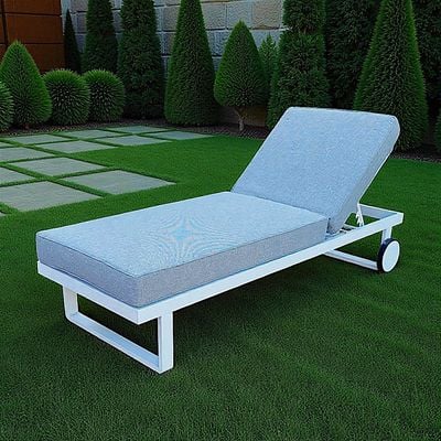 Modern White Aluminium Outdoor Sun Lounger with Wheels – Light Grey Cushions , 2x Sunbeds